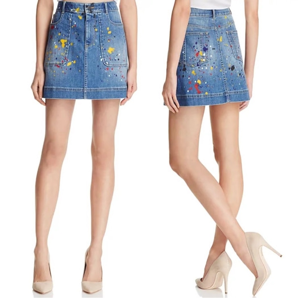 Alice + Olivia Coletta Denim Mini Skirt Splatter Paint Size 28 - Picture 4 of 15